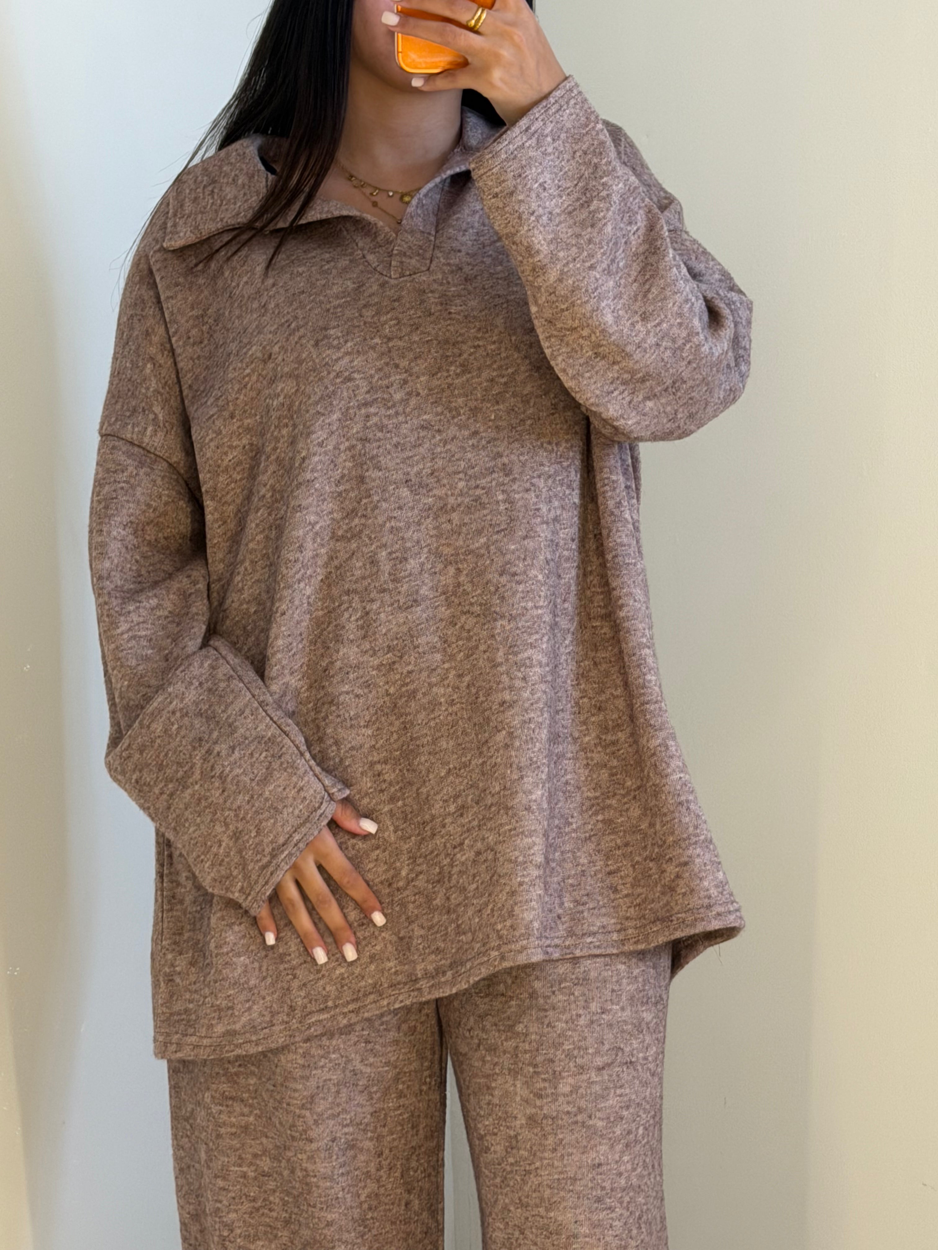 Ensemble col ouvert brun