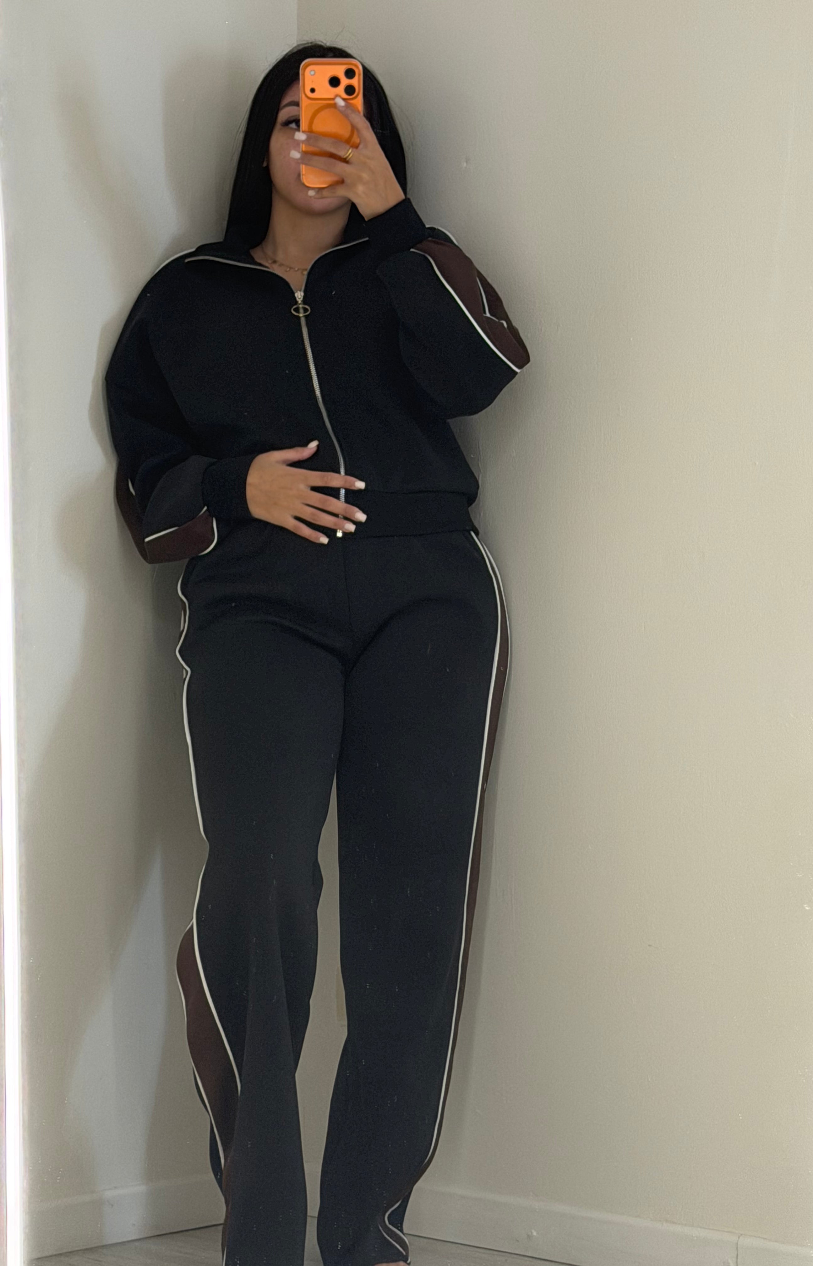 Ensemble noir veste zip bande marron